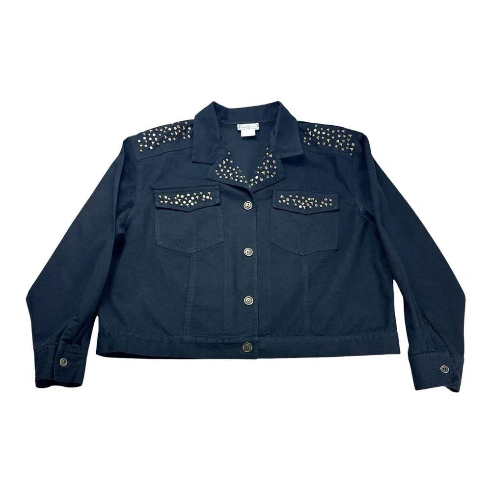 Saint Germain Women's XL Black Cotton Studded Jacket Shoulder Pads Made in USA